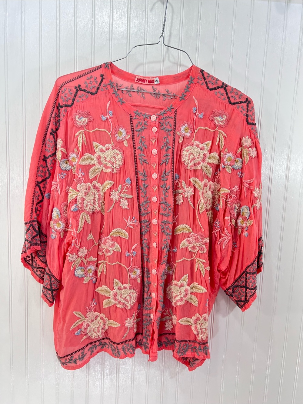 Johnny Was Coral Embroidered Floral Boho Button-Front Top XL